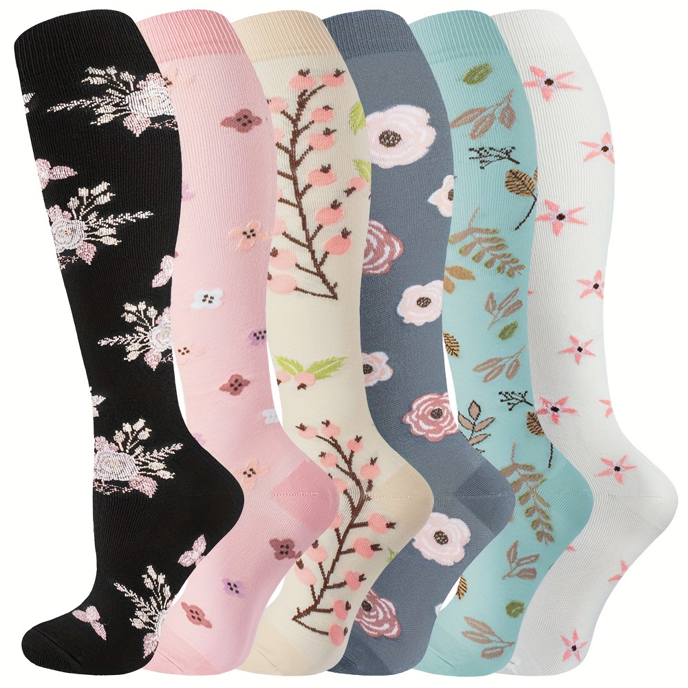 

6 Pairs Flower Floral Pattern Compression Knee-high Socks Anti-odor Stockings