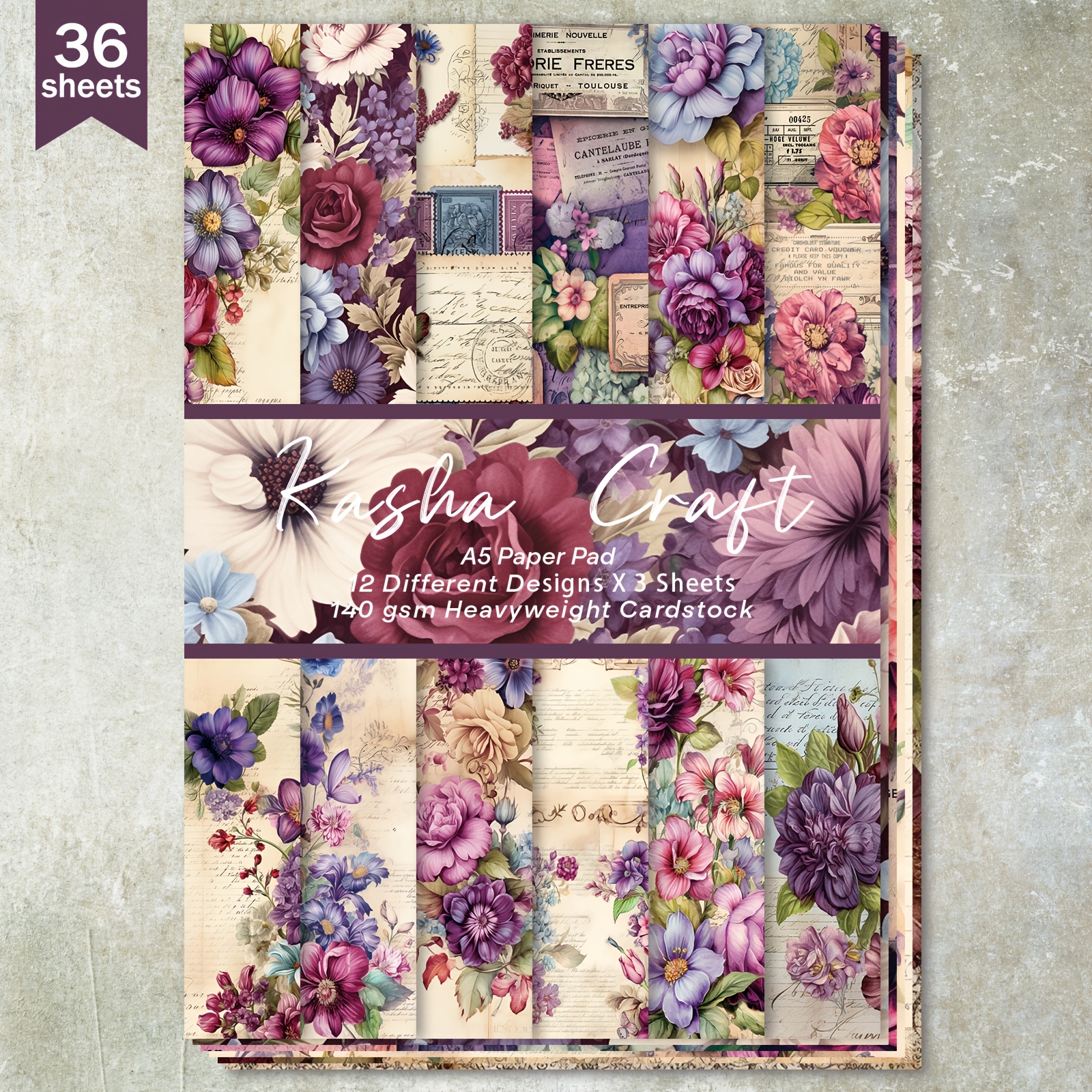 

36 Sheets A5 Vintage Floral Paper Pack, Purple Romantic Borders For Bullet Journal, Collage, Greeting Cards, Albums & Crafts