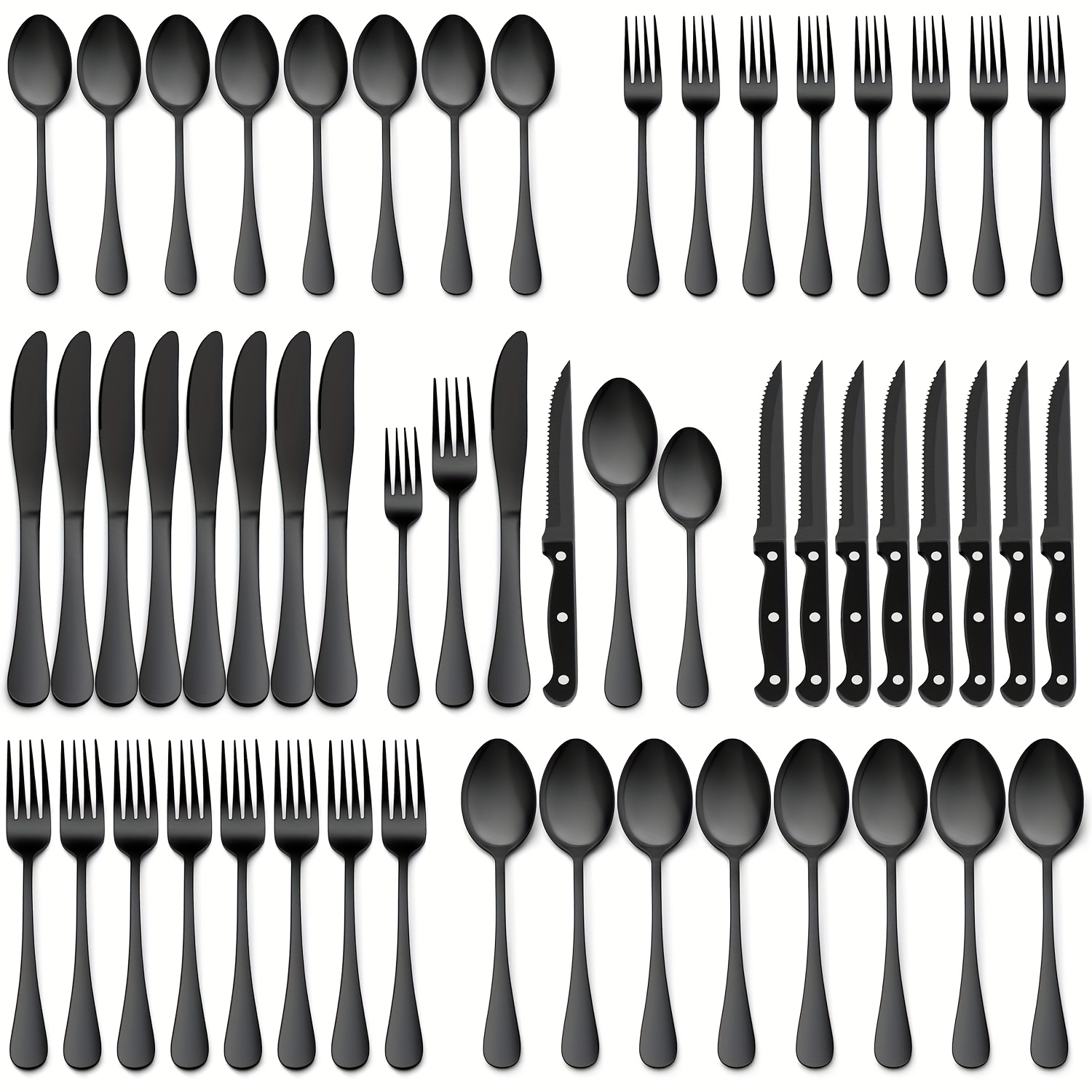 48pcs silverware set with steak knives christmas stainless steel flatware cutlery set eating utensils for 8 spoons forks knives for home   design   dishwasher safe silvery black