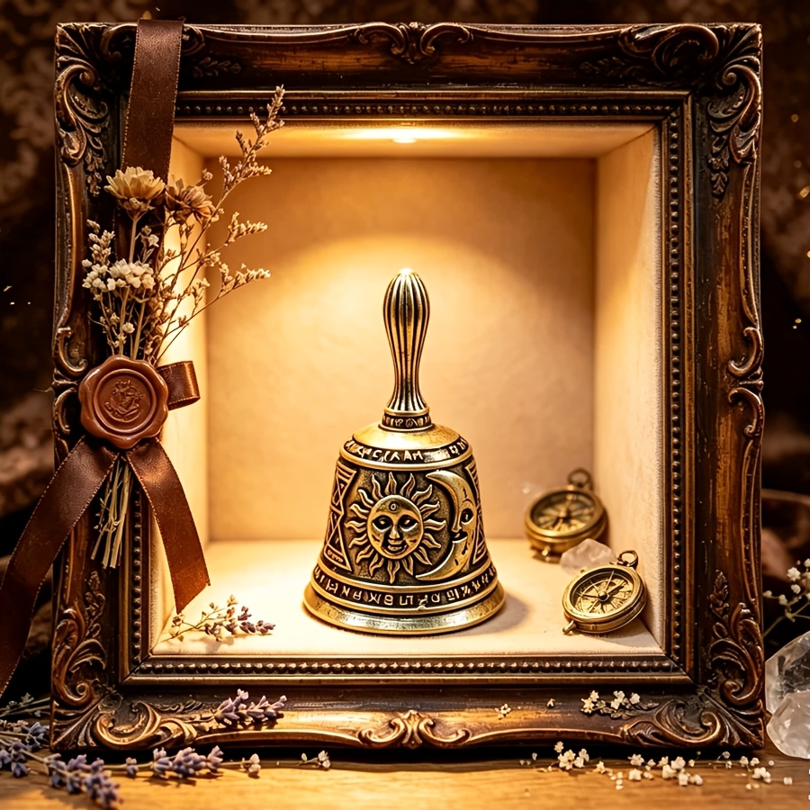 TEMU Vintage Distressed Brass Reminder Hand-shaken Bell With Sun And Moon Embossed Metal Hand Bell, European-style Desktop Decorative Ornament,