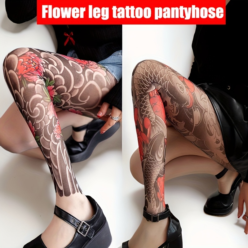 2 pack temporary tattoo leg sleeves realistic 3d floral dragon body art socks ultra thin sheer pantyhose with vibrant red black ink for concerts nightclub dark style outfits leg tattoo concert outfit edgy fashion   print festival   0