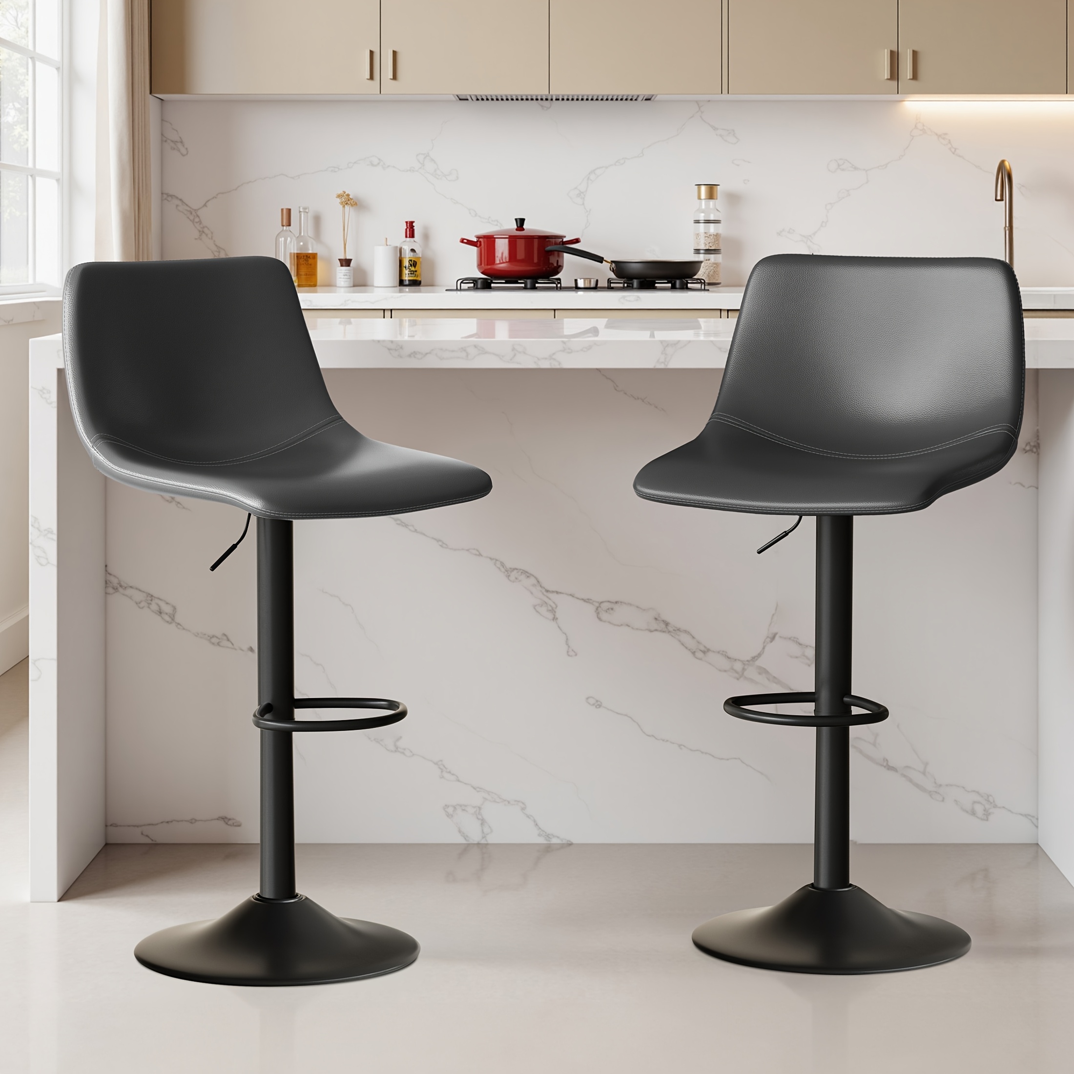 Image of Bar Stool Set Of 2 Pu Leather Bar Stools With Backrests, Pu Leather, Adjustable Swivel Gas Lift, Chrome Footrest And Chairs Dining Stools, /counter/kitchen Home Furniture