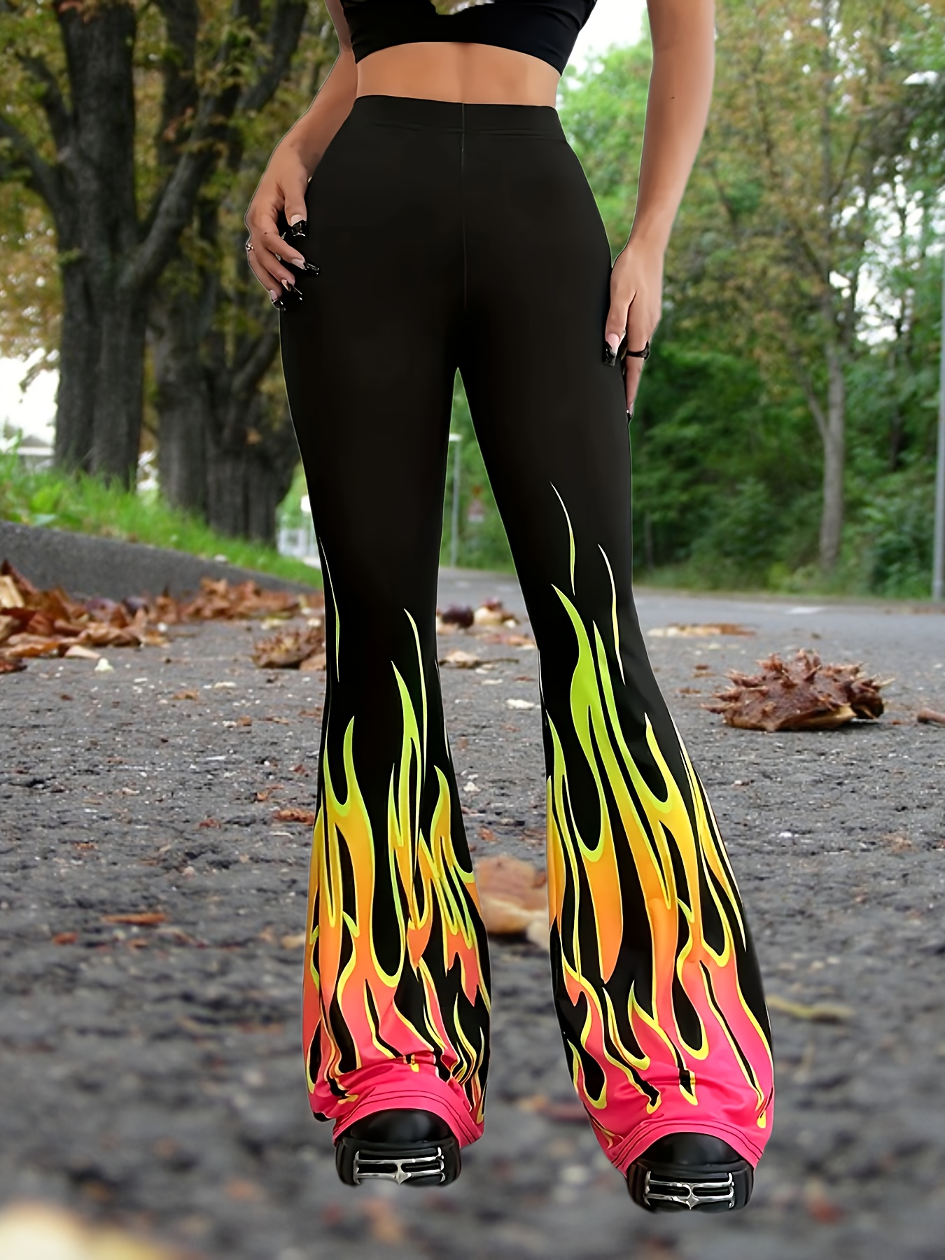 Plus Size Women's High-Waisted Flared Pants with Vibrant Flame Print  Stretchy Polyester *-Fit Ankle-Length, Machine Washable Casual