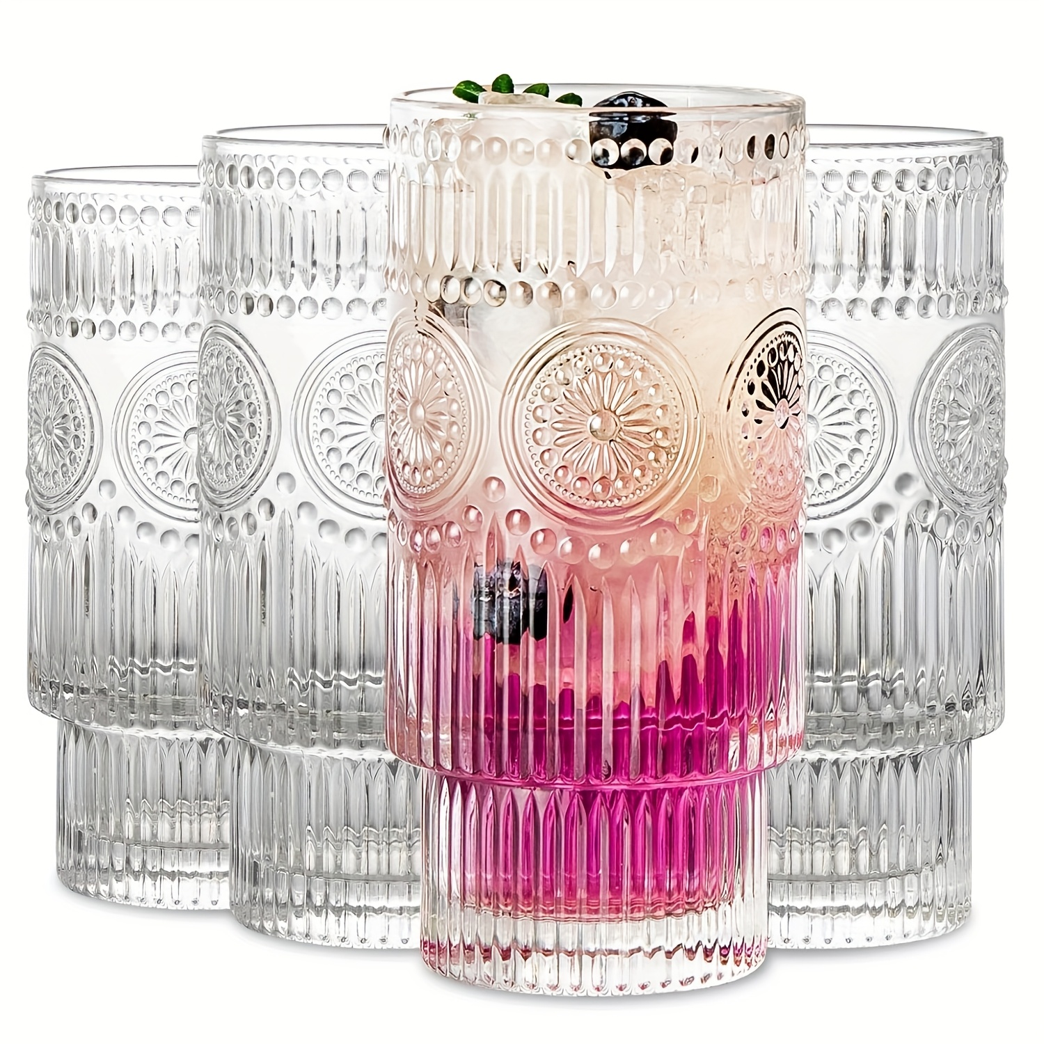TEMU 4pcs, Vintage Sunflower Glass Glasses, Unique Cocktail Glasses, Suitable For Iced Tea, Juice, Whiskey, Beer, Desserts, Party Supplies