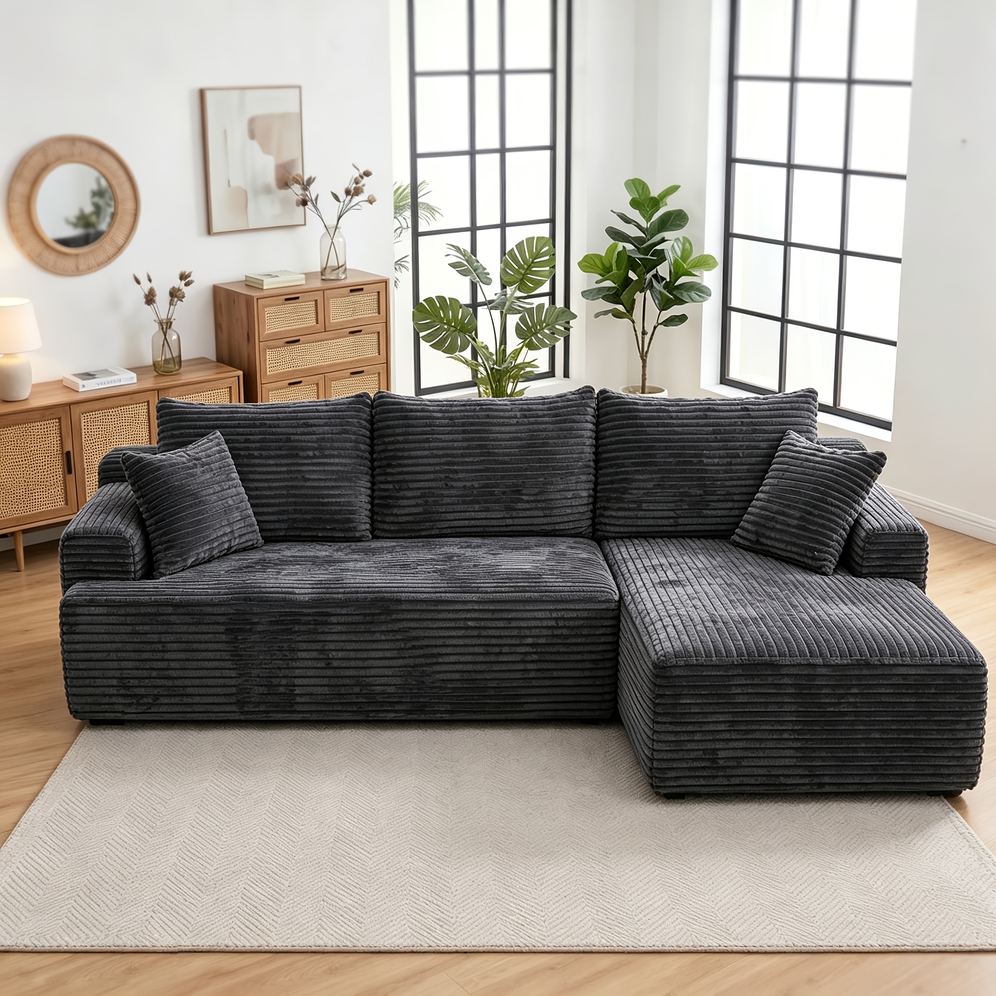 Image of 2pcs Black Striped Corduroy L-shaped Modular Sectional Sofa, Reversible Chaise Lounge Cloud Couch, Plush Deep Seat Boneless Floor Sofa With Throw Pillows, No For Living Room Bedroom Apartment