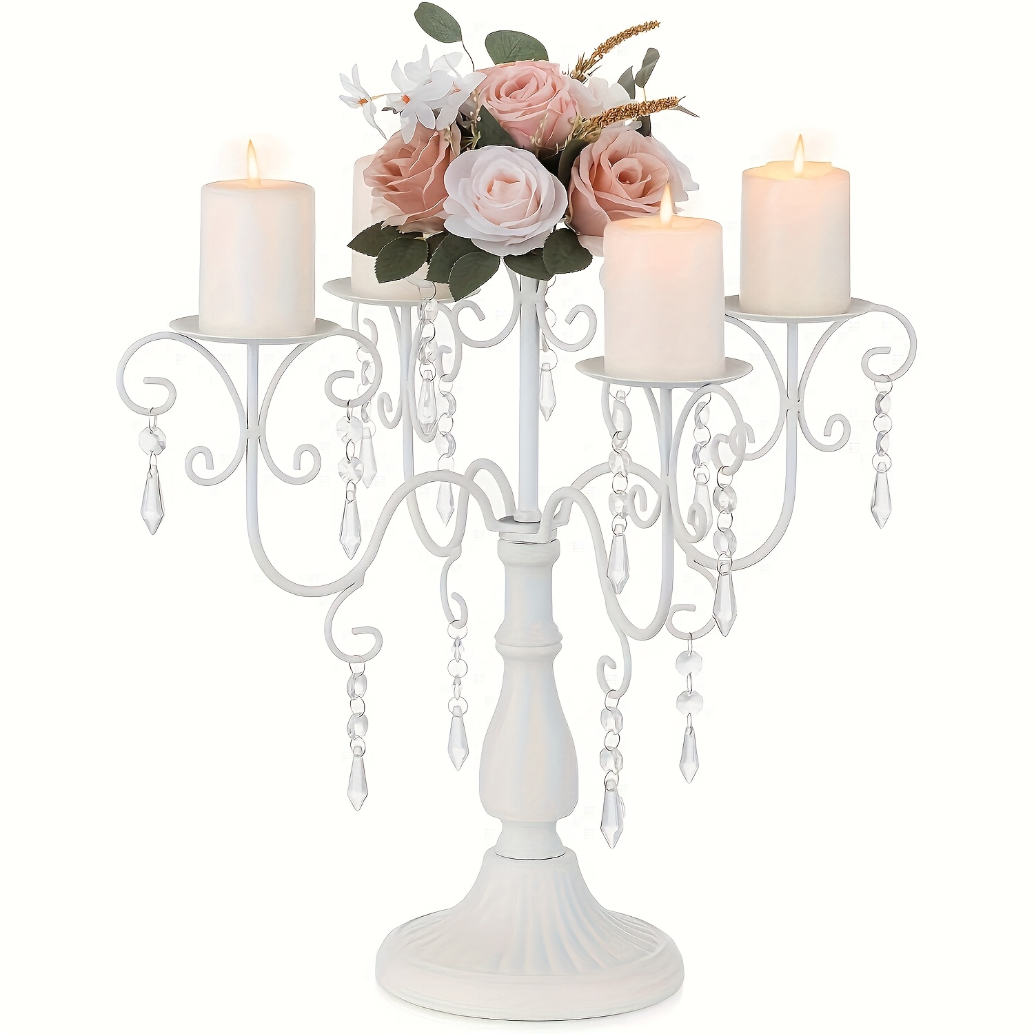 Image of 1pc Candelabra Centerpieces Golden Candle Holder - 5 Arm Pillar Candle Holders With Crystal Beads For Christmas Table Centrepiece Halloween Wedding Candleholders Decoration