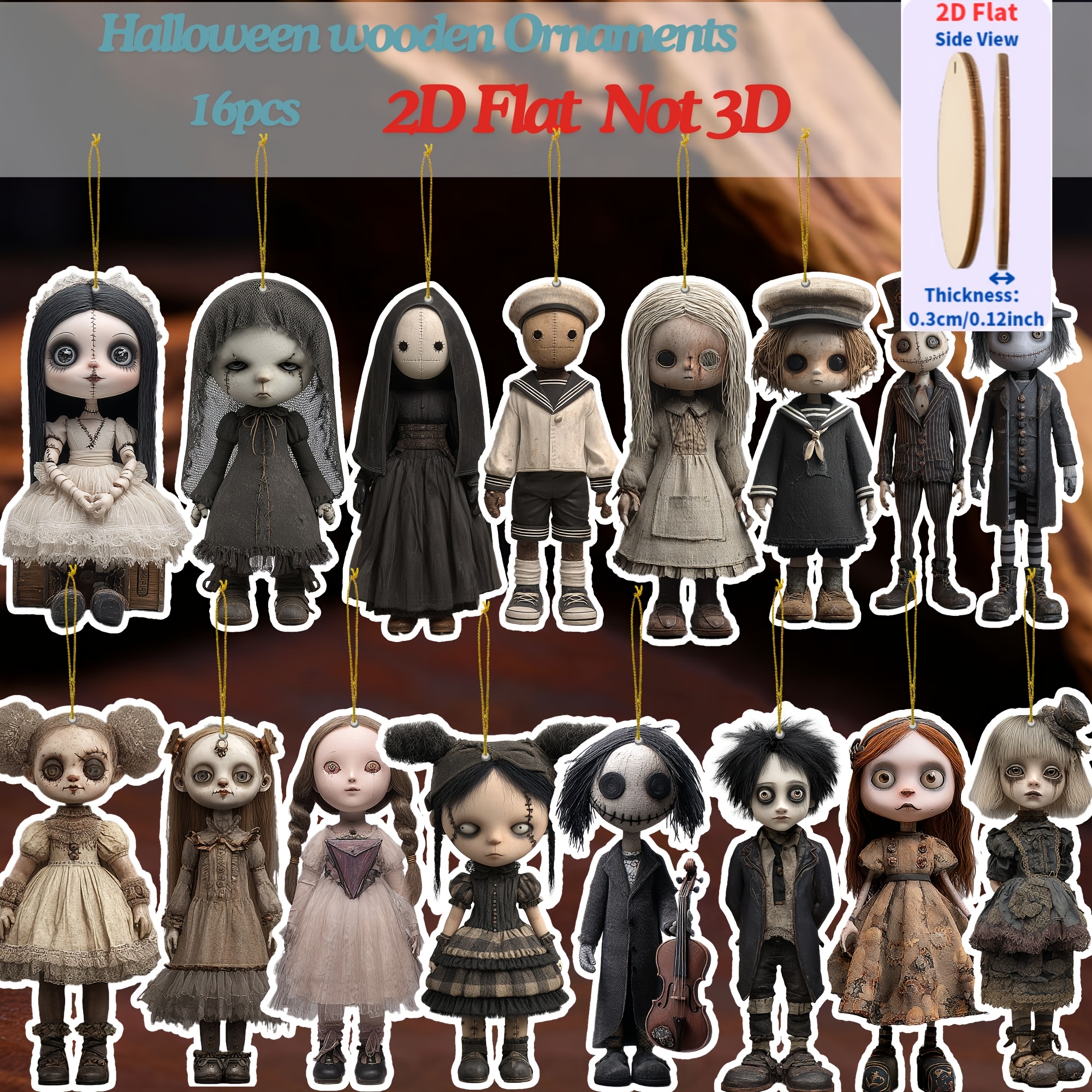 Image of 2d Flat, 16pcs Exquisite Halloween Haunted Doll Wooden Decorations, /halloween Party Additions And Gifts, No Electricity Required, Home/festival/decoration, Holiday Gift Must-have/seasonal Collectible