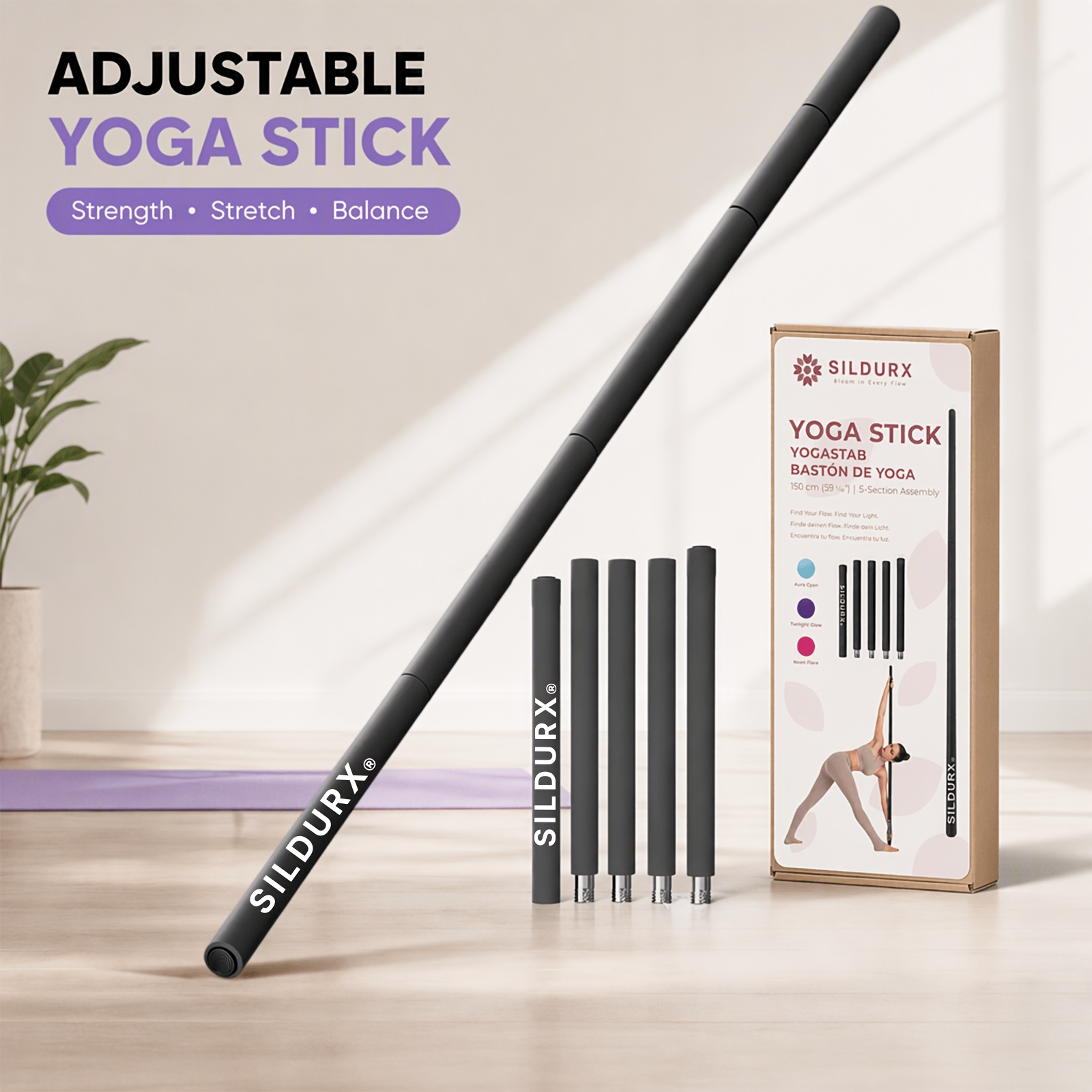 TEMU Barra de yoga ajustable de 5 secciones, barra portátil de pilates y estiramiento para mujer, barra de fitness modular para yoga, pilates,