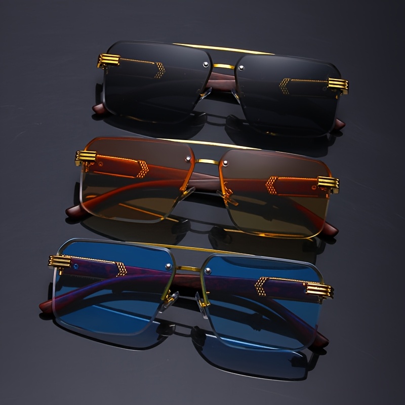 3pcs Frameless Polycarbonate Square Party Glasses, Classic Wooden Pattern, Decorative, Elegant, Edge Cut, for Women, Men, Photography