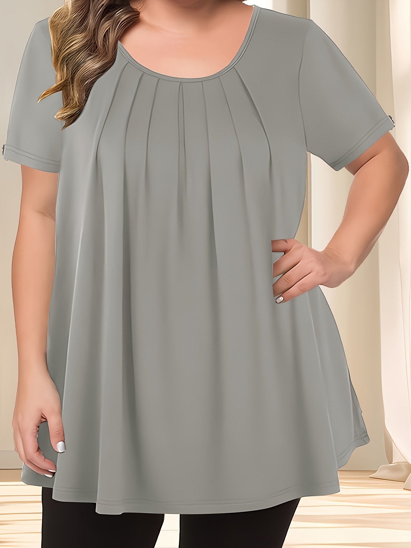 Women'S Casual Crew Neck Short Sleeve Blouse, Solid Color Plus Size, Lightweight Polyester with Subtle Stretch, Flared Hem, Spring/Summer Fashion Top, Casual Wear Blouse | Elegant Plus Size | Simple Eleganc