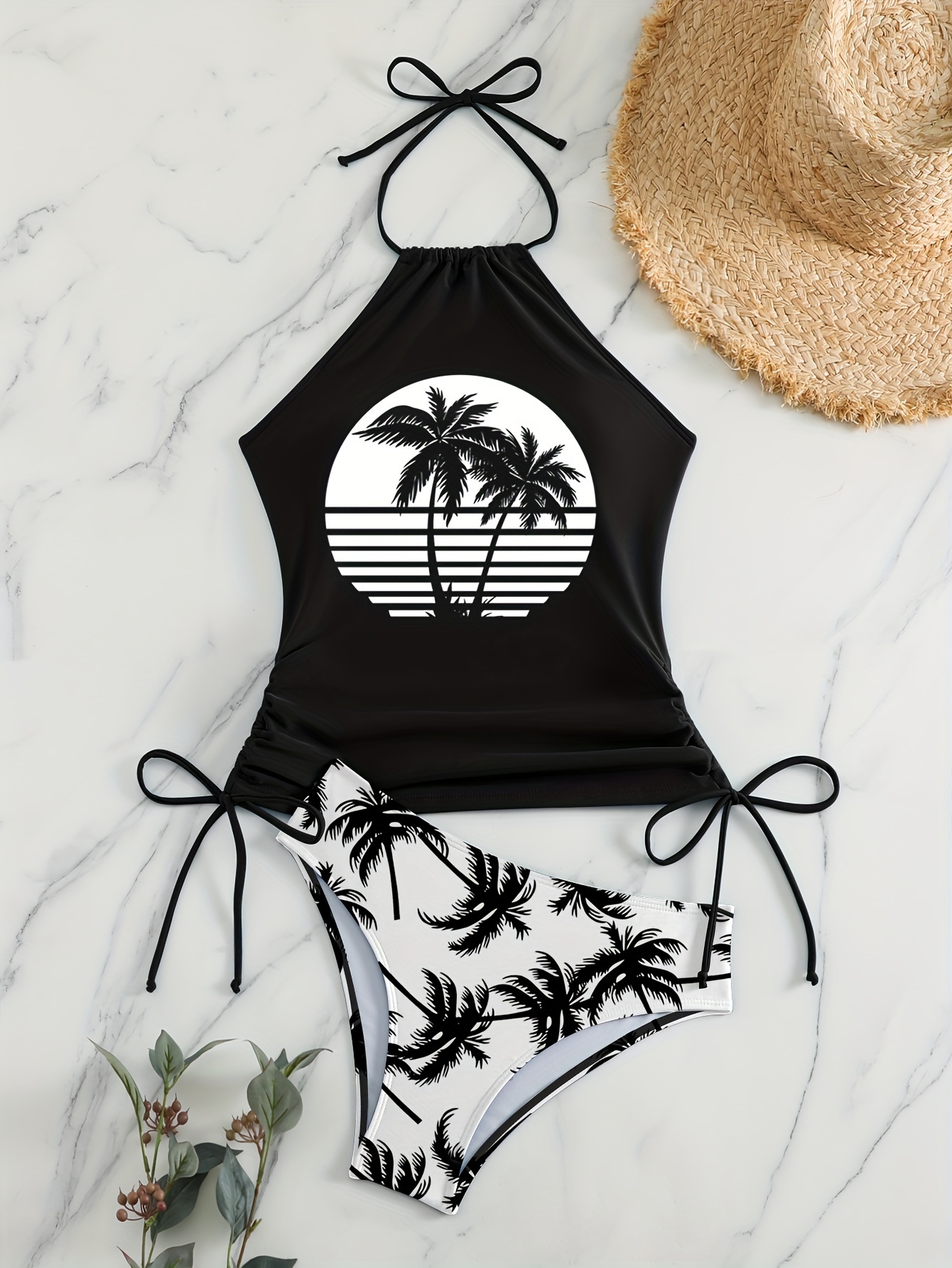 Dropship Coconut Tree Sunset Pattern Drawstring 2 Piece Set Swimsuit,  Halter Tie Neck Backless Stretchy Low Waist Bathing Suit For Beach Pool,  Women's Swimwear & Clothing to Sell Online at a Lower