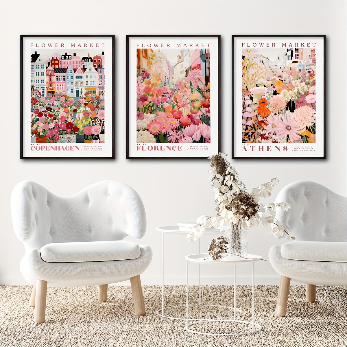 

3pcs/set Unframed Flower Market Poster Set, Wall , Botanical Wall Art, Botanical Poster, Pink Flower Poster, Gallery Wall Set, Canvas Wall Decoration, Ideal Gift For Bedroom Hallway