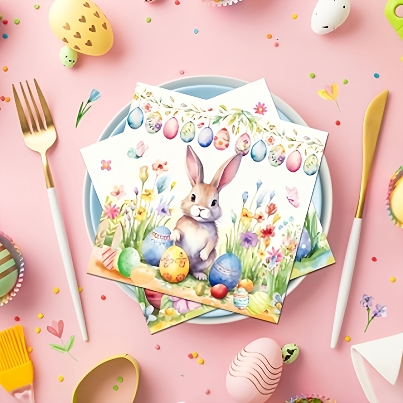 Image of 20pcs Easter Celebration Square Paper Napkins - 2-ply With Cute Bunny & Egg Designs, Disposable Party Tissues For Dining, Dining Accessories| Party Decor|seasonal Tableware, Birthday Party Decorations
