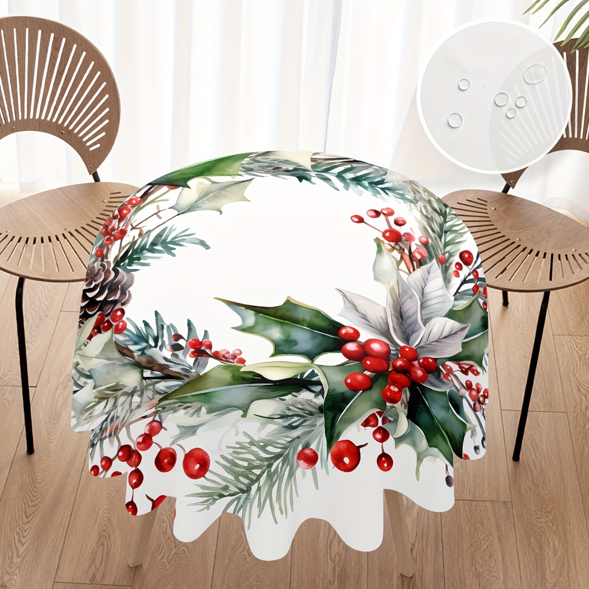 

Christmas Floral Polyester Round Tablecloth - Waterproof, Stain Resistant, Machine-woven Table Cover For Parties, Banquets, And Home Decor