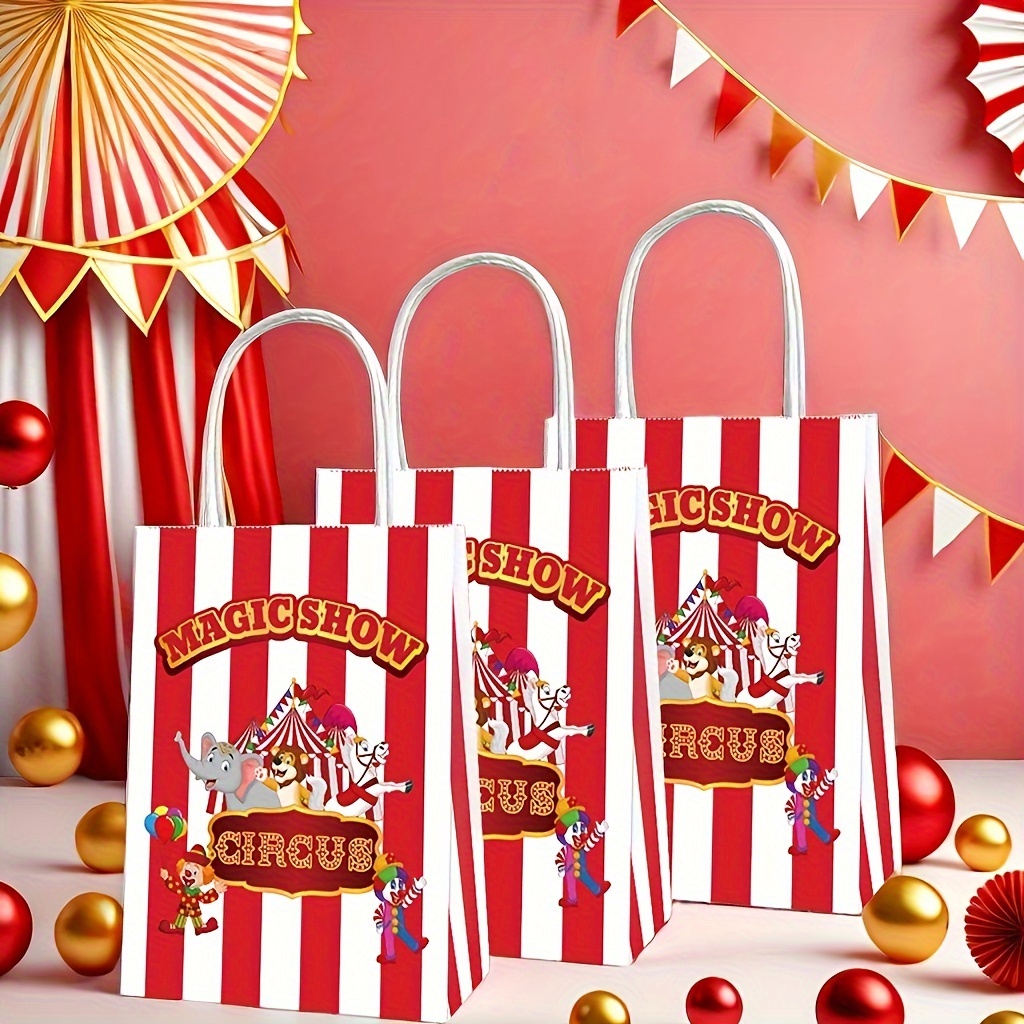 

12pcs Carnival Themed Gift Bags With Cartoon Circus Pattern - Giraffe Illustration, Multipurpose Party Favor Bags For Magic Show Events And Celebrations