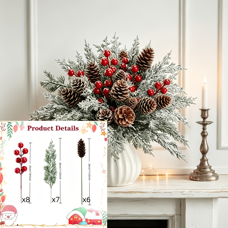 TEMU 21-teiliges neues künstliches Weihnachtsblumenset – Kunststoff-, rote mit Norfolk-Kiefernzweigen, geeignet für DIY-Kränze/Weihnachtsbaumschmuck,