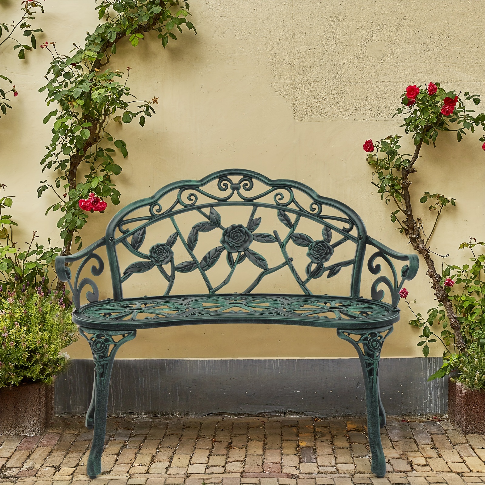 

1pc Cast Iron Garden Bench, 38.5in, Rust-proof Outdoor Seating, Elegant Rose Pattern, With , Patio Furniture, Green