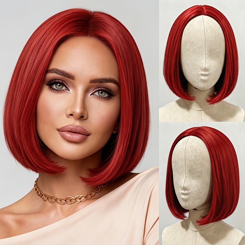 womens 12 inch red high temperature wig set fashionable bob hairstyle fluffy and bang free elegant and trendy for festive daily prom dress additions