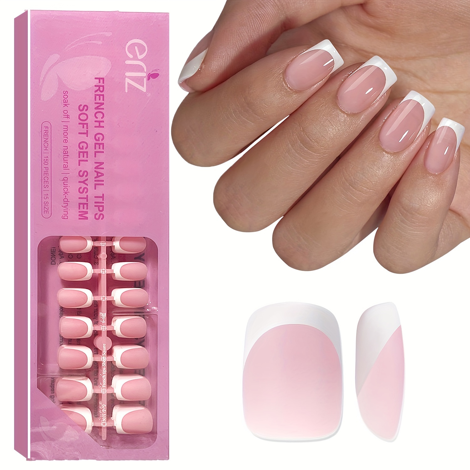 

150pcs Pink French Tip Press On Nails, Short Length Square-shaped Fake Nails With Pre- Layer, Acrylic Nail Set For Diy Nail Decoration, 15 Sizes - & Pattern