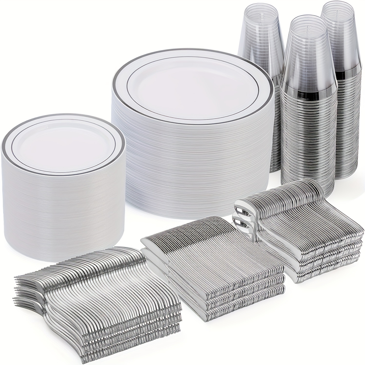 TEMU 600pcs Silver Disposable Dinnerware Set : 100 Silver Dinner Plates, 100 Silver Dessert Plates, 300 Silverware And 100 Silver 9 Oz Cups, For