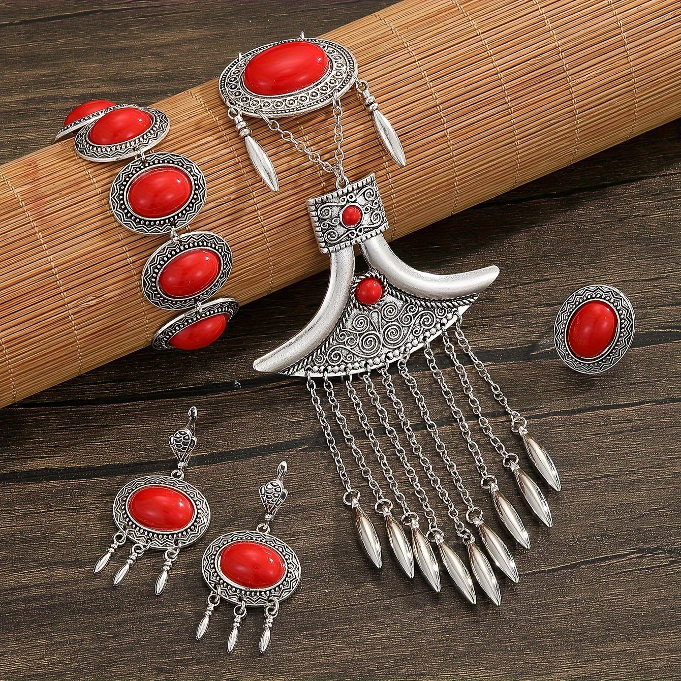 Exotic Red Tassel Jewelry Set for Weddings