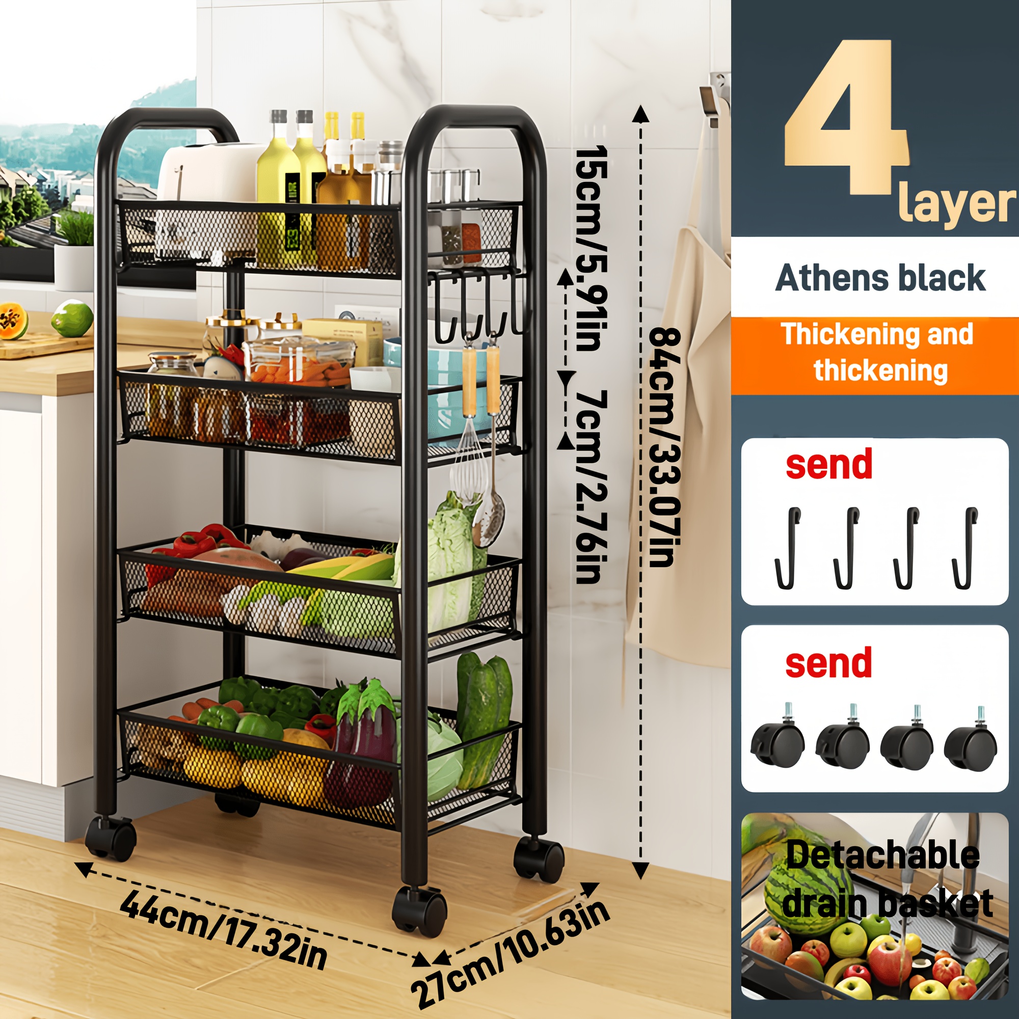 TEMU Mesh Metal Storage Cart, 3-4 Layers Optional, Black, Kitchen Storage Cart, With 4 Plastic Hooks And 4 Rollers, Easy To Move, Suitable For Home, Office, Kitchen Storage