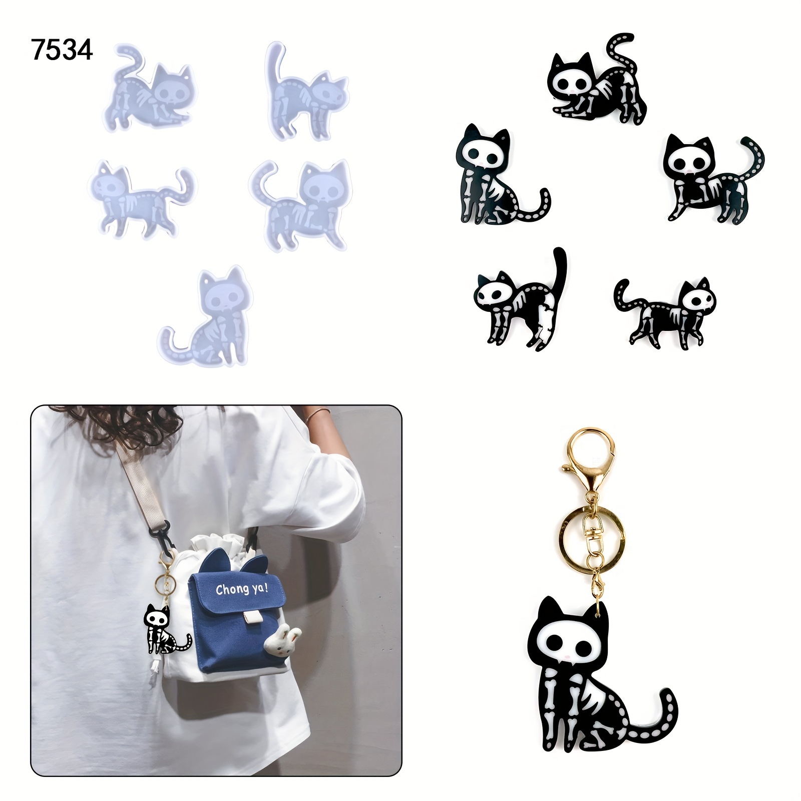 

5pcs Shiny Skeleton Cats Silicone Mold Etched Keychain Bag Chain Epoxy Resin Silicone Mold Resin Clay Glossy Crafts Jewelry Making Pendant Necklace Earring Molds