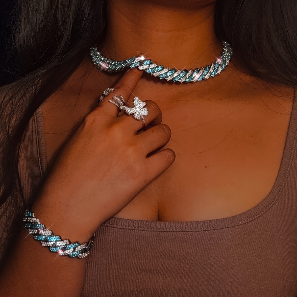 

Luxurious Women's Hip Hop Jewelry Set, 13mm Rhinestone-encrusted, Pink/blue Miami Cuban Link, Iced Out Necklace And Bracelet Combo, Bling Accessories, Ideal For Rappers And Mother's Day Gift