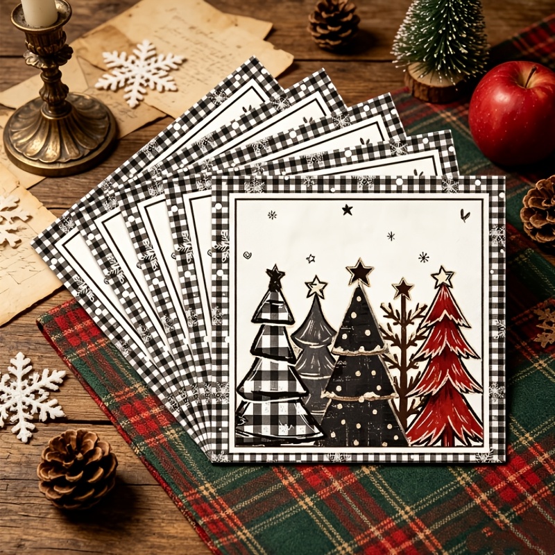 TEMU 20pcs Pack Black & White Checkered Christmas Tree Napkins Suitable For Birthday Party Decorations, Disposable Paper Napkins With Checkered Tree