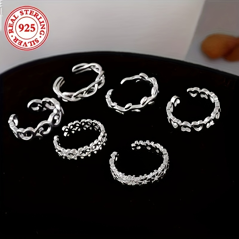 

A Set Of 6 S925 Sterling Silver Women's Toe Rings, With Designs Including Twisted Ropes, Hearts, , Leaves, Waves, And Flowers, Fashionable And, With A