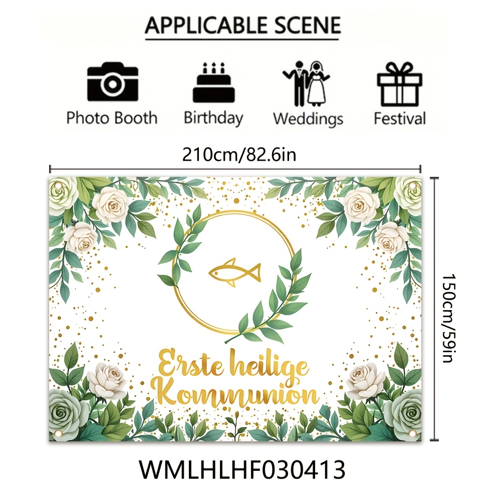 Image of 2d Door Banner Elegant First Communion Banner - 1pc, Soft Polyester, 82.6" X 59", Green With Symbol, Ideal For Photography & Outdoor Celebrations, First Communion Decoration