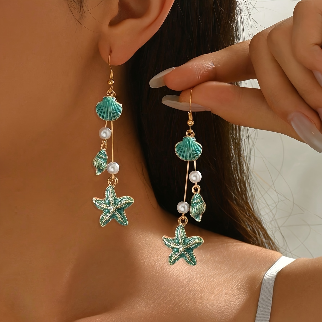 TEMU 1 Pair Of Spring/summer Elegant Women' Earrings, Vintage Bohemian Vacation , Geometric Drip-enamel Blue Starfish, , Pendant, Long Tassel