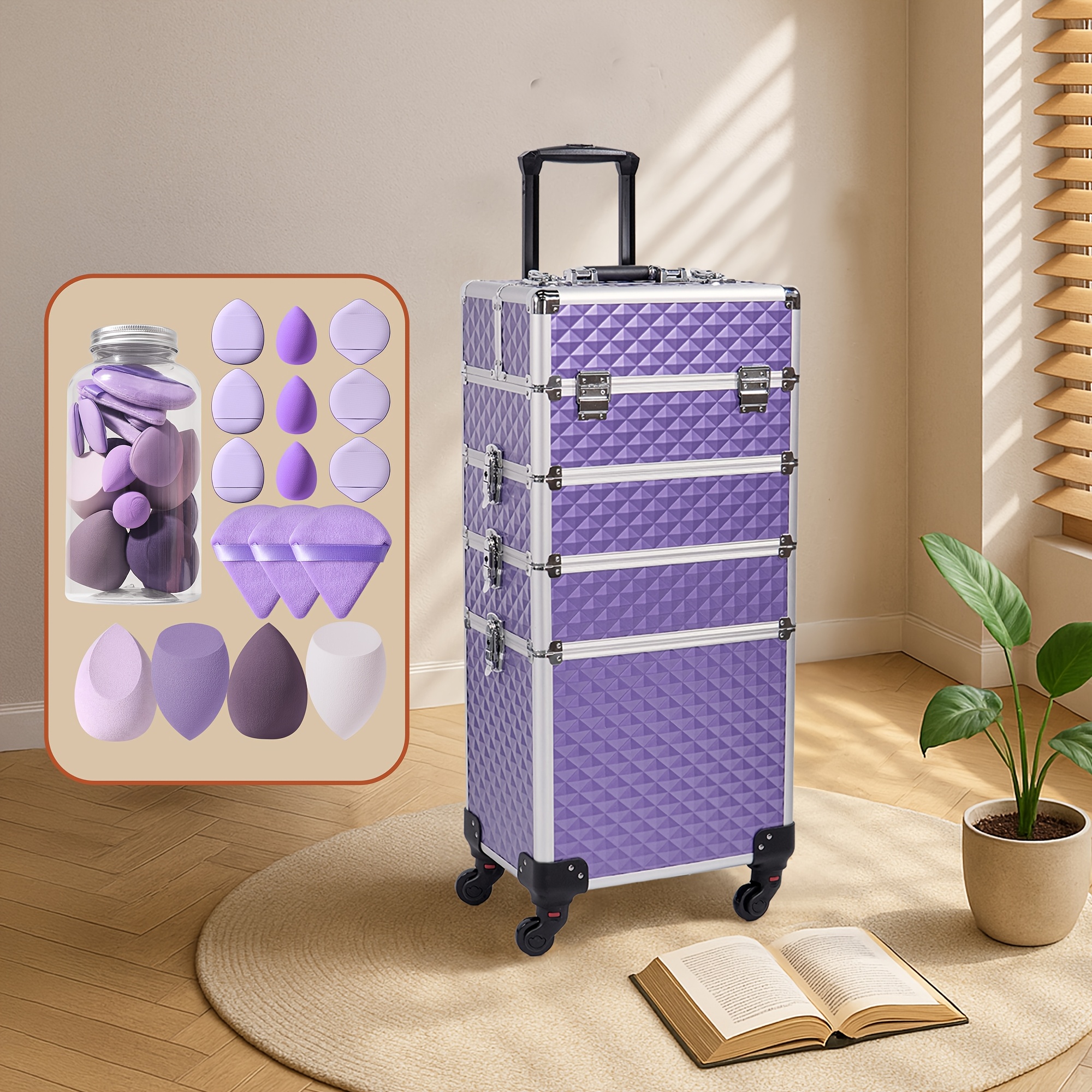 TEMU Makeup Kit : Rolling Makeup Train Case Sponge, Large Portable Cosmetic Trolley With 360&deg; Wheels, Professional Salon & Travel Storage Organizer