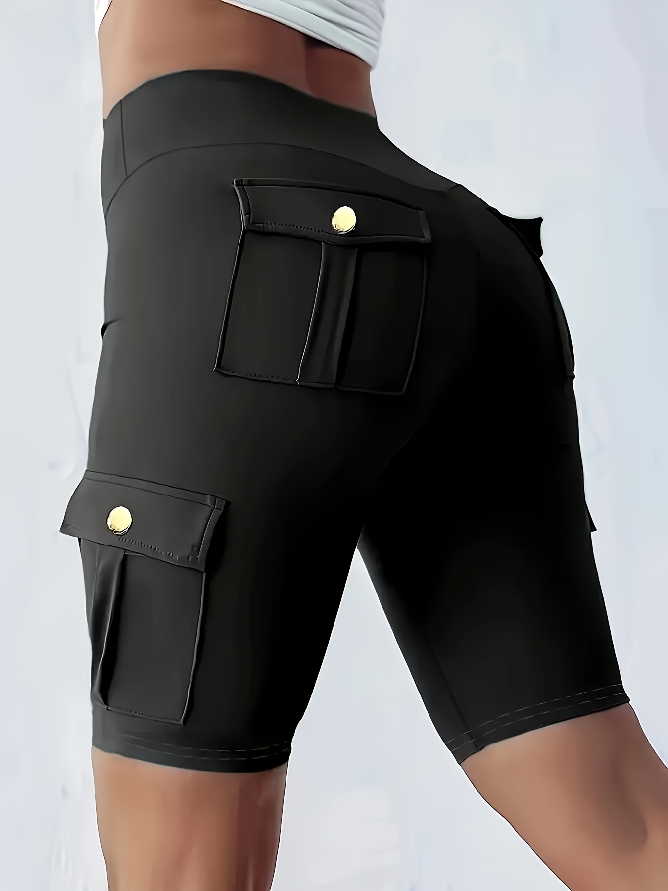 high waist womens solid color athletic yoga cargo shorts for exercise fitness with  