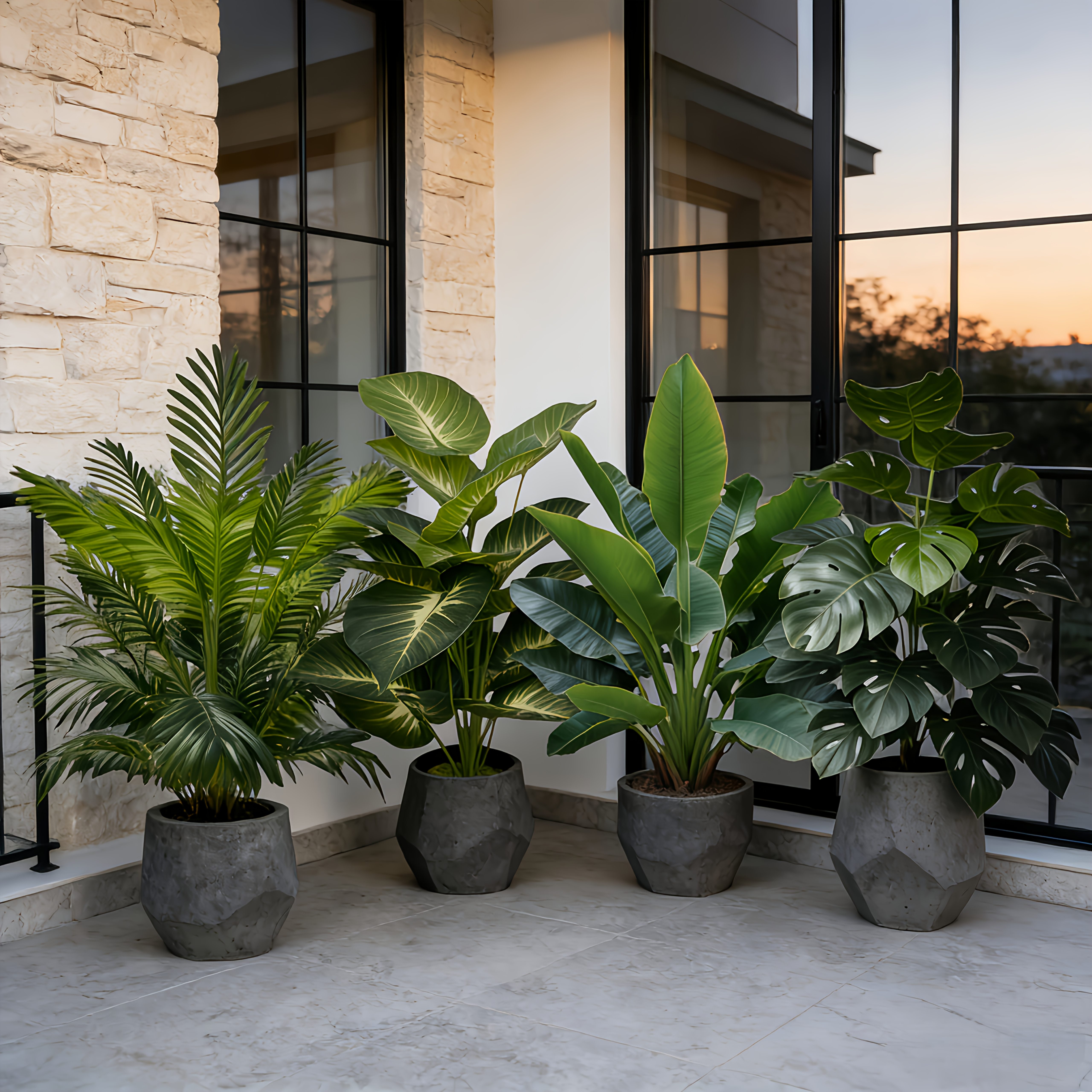 4pcs Set - Includes 48 Large Leaves of Large Outdoor Artificial Green Plant Loose Palm Tree Combo - DHOEM Wedding Garden Modern Decoration, Maintenance-Free Four-Season Evergreen Wealth Tree Artificial Plant | Pothos Evergreen Potted Plant, Nordic