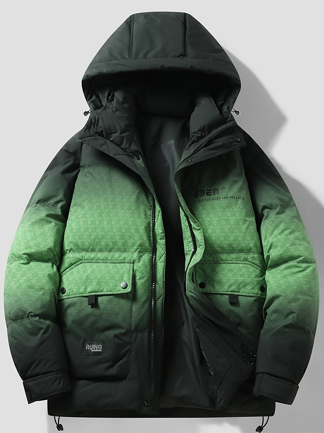 Men's Thick Warm Hooded Down Jacket, Gradient Design