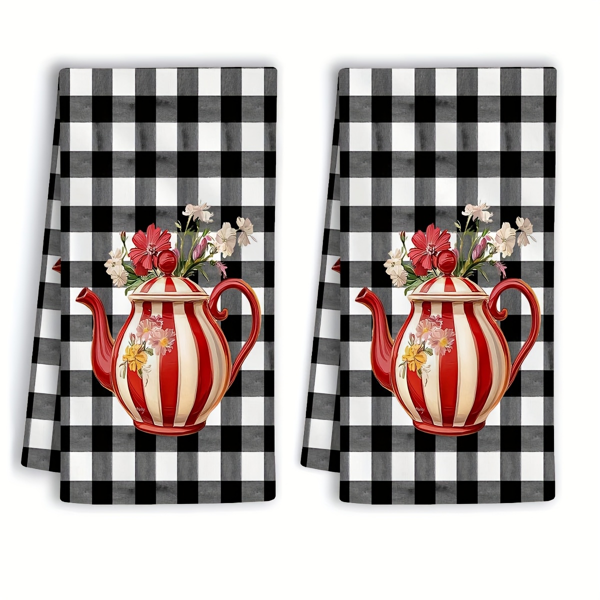 

2pcs Black And White Checkered Kitchen Towels Set, Striped Flower Kettle Design, Spring Themed Dish Towels, 18x26in Reusable Absorbent Polyester Tea Towels For Cooking, Baking, Bathroom Cleaning