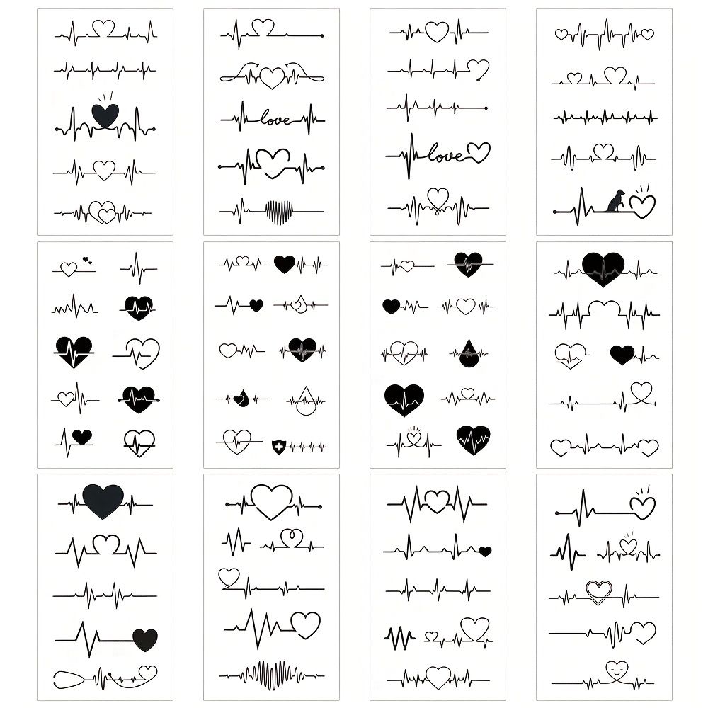 Image of 12pcs Skedimu Temporary Tattoo Stickers Suitable For Parties, Waterproof Long-lasting Fake Tattoos With & Heartbeat Designs, Realistic Body Art For &, Application For Festivals, Events, Daily Wear