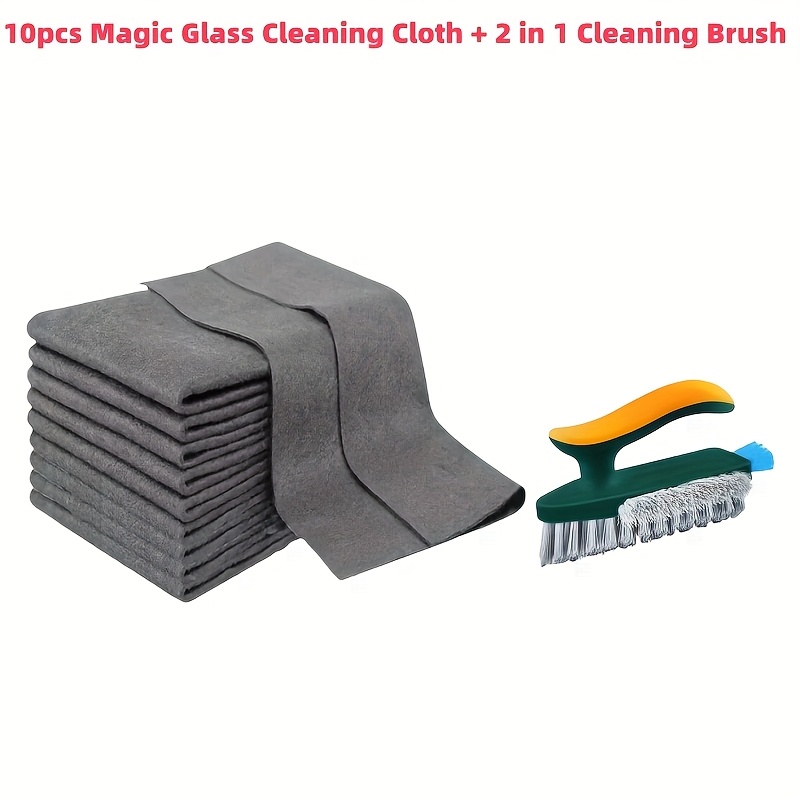 Image of 10pcs Microfiber Glass Cleaning Cloths + 2-in-1 Crevice And Floor Cleaning Brush | Reusable, Washable, Cleaning Wipes | Portable Design For Bathroom, Kitchen And Living Room Cleaning