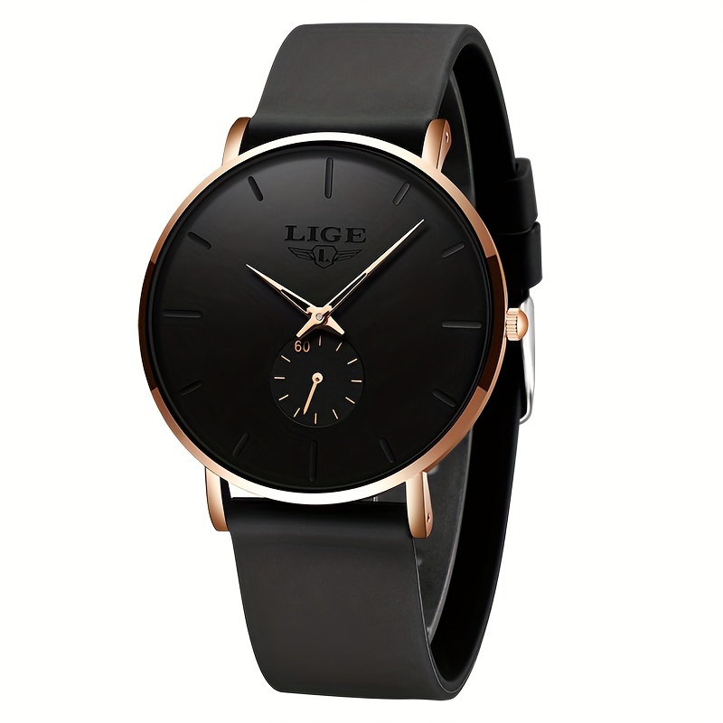 LIGE Black Stylish Quartz Watch, Comfortable Design