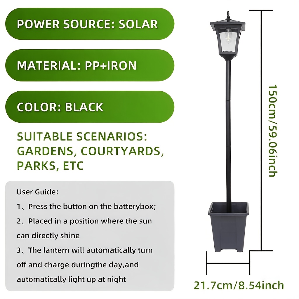 Image of 59 Auto Solar Outdoor Floor Lamp With Decorative Flower Pot, High-conversion Solar Panel For Bright Outdoor Lighting, Pathway Lamp For Yard, Lawn, Fence & Patio Decor Ip44
