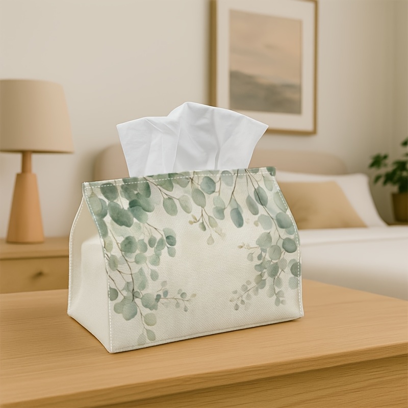 TEMU 1pc Versatile Tissue Holder Featuring A Soft Eucalyptus Leaf Pattern - Sturdy Polyester Storage Solution For Decoration, Suitable For Living