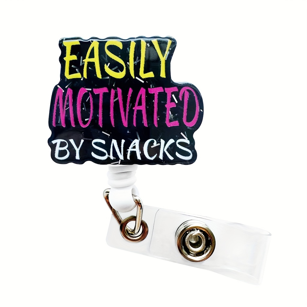

Acrylic Retractable Badge Reel With "easily Motivated By Snacks" Design - Pullable Id Holder Clip - Perfect Office Gift For Teachers, Doctors, Nurses - English Text, 1-pack