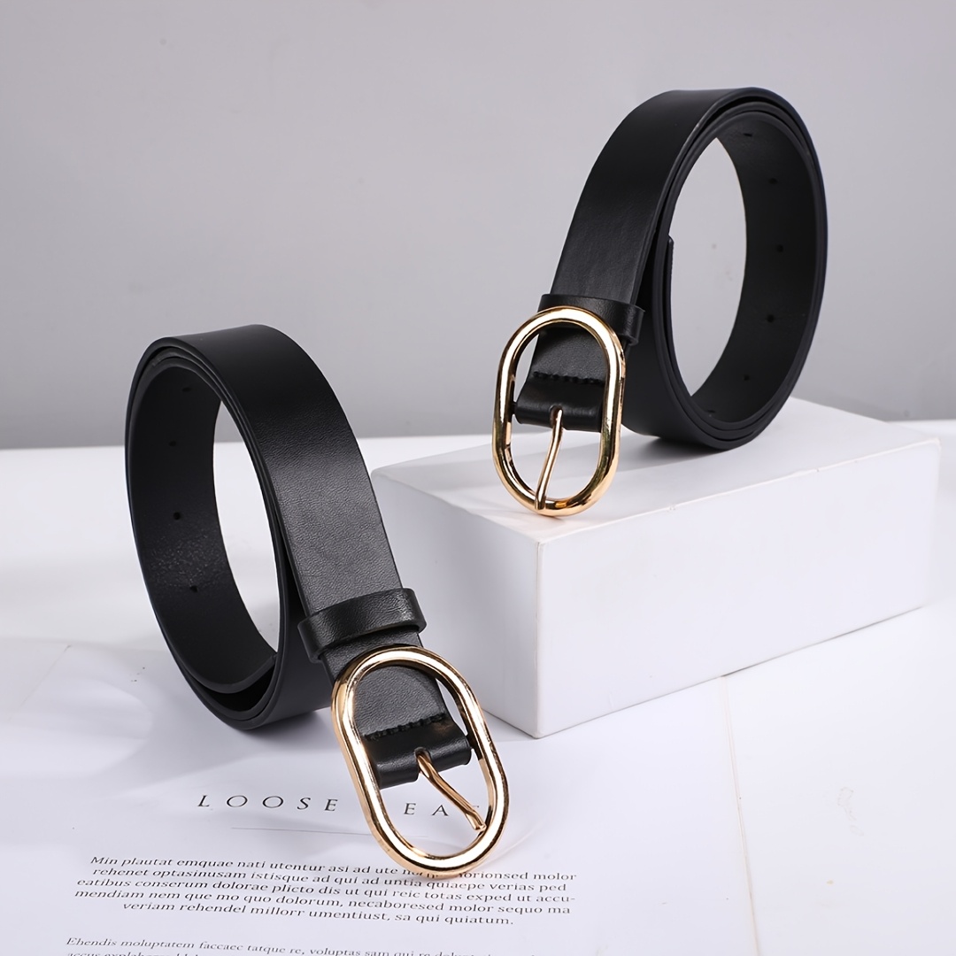 Women's Light Luxury Black Thin Belt with Golden Oval Buckle