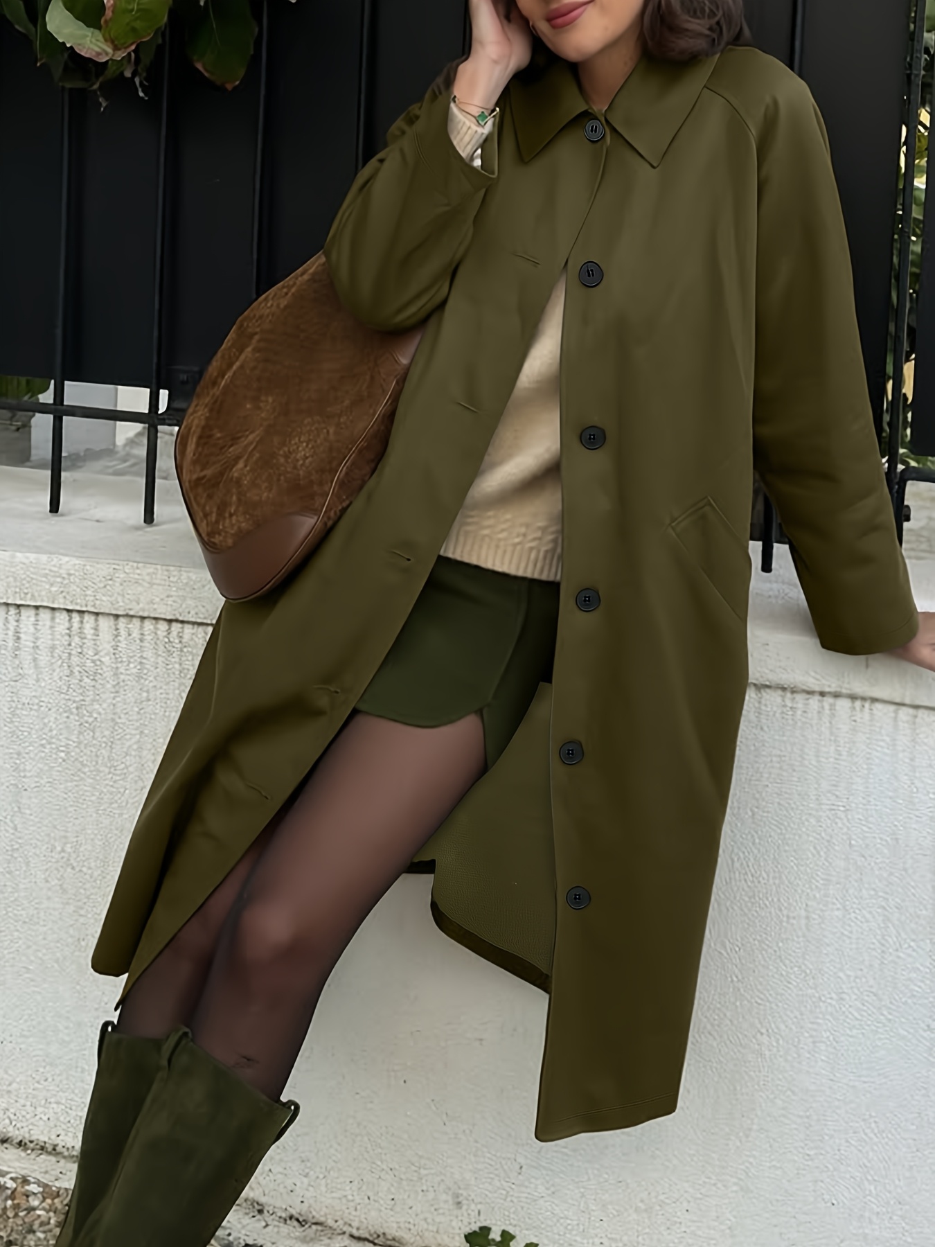 womens casual olive green trench coat h silhouette single Temu