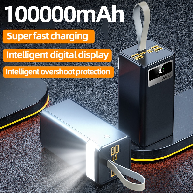 TEMU A 100000mah Power Bank With 22.5w Super Fast Charging, Large Capacity, Display Screen, Leather Hanging Rope, Outdoor Camping Led Light, Suitable