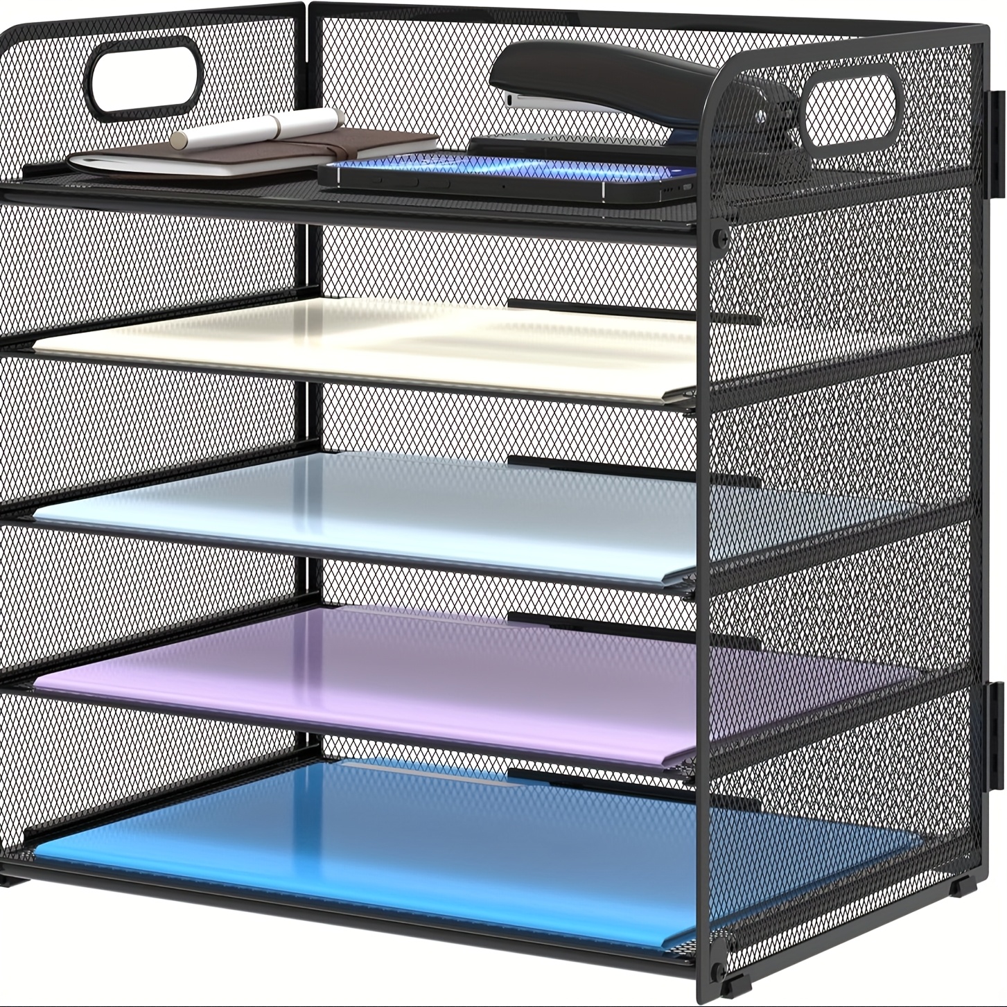 

5-tier Mesh Desk Organizer With Pen Holder, Sliding Drawers - Office And Home File Storage Solution For Documents And Supplies, Supply Holder | Sleek Black Organizer | Iron Build