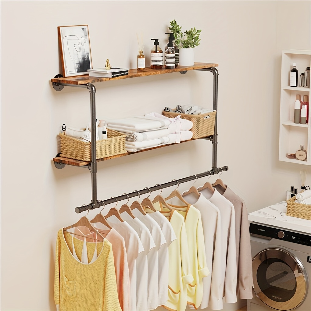 Image of Heavy Duty Pipe Clothing Rack Wall Garment Display Rack With 2 Tiers Open Shelves Metal Hanging Rod