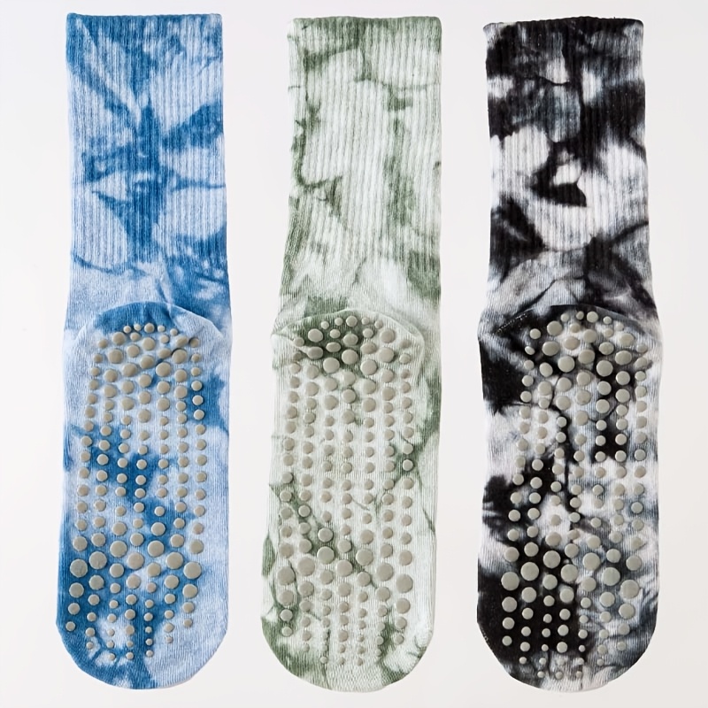 TEMU 3 Pairs Women's High Elastic Tie-dye Yoga Socks Trend Non-slip Sock Bottom Dot Glue Indoor Socks