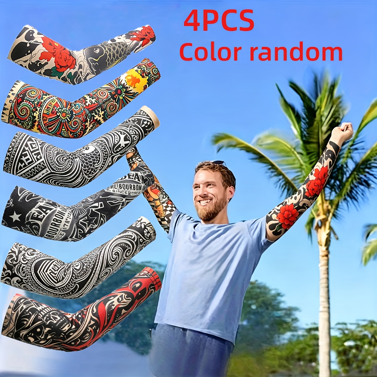 TEMU 4 Stk. zufällig zusammengestellte Unisex-Tattoo-Armstulpen, atmungsaktive bequeme schnelltrocknende Ice-Sleeves, für Outdoor-Radfahren, Angeln,